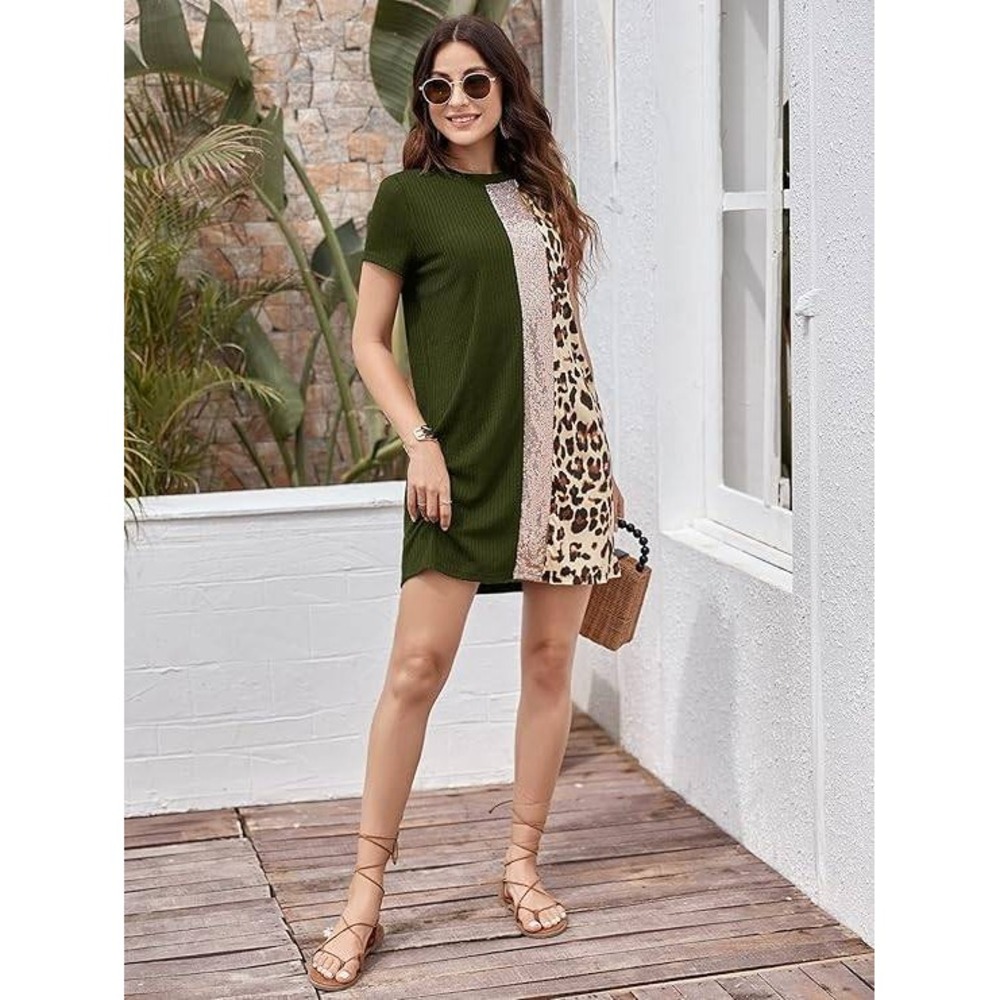Floerns Olive Green Leopard‎ Print Sequin Tunic Dress L Ribbed Short Sleeve